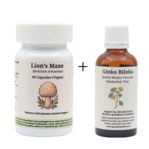 Brain Support Duo bundle featuring Lion's Mane capsules and Ginkgo Biloba mother tincture for focus, memory and cognitive support.